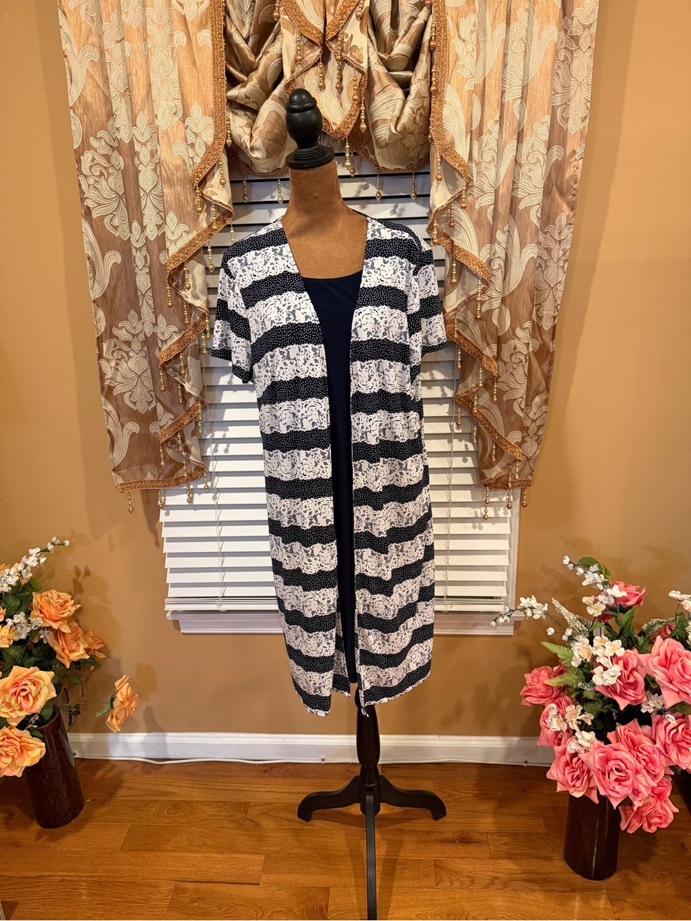 Perceptions NY Navy & White Striped Lace-Overlay Duster US Size XL